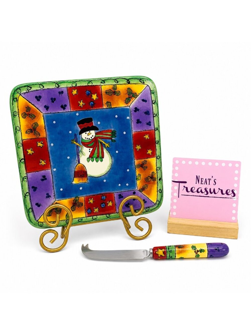Sango Sue Zipkin SWEET SHOPPE CHRISTMAS Snowman Cheese Tray Trivet W Knife NEW